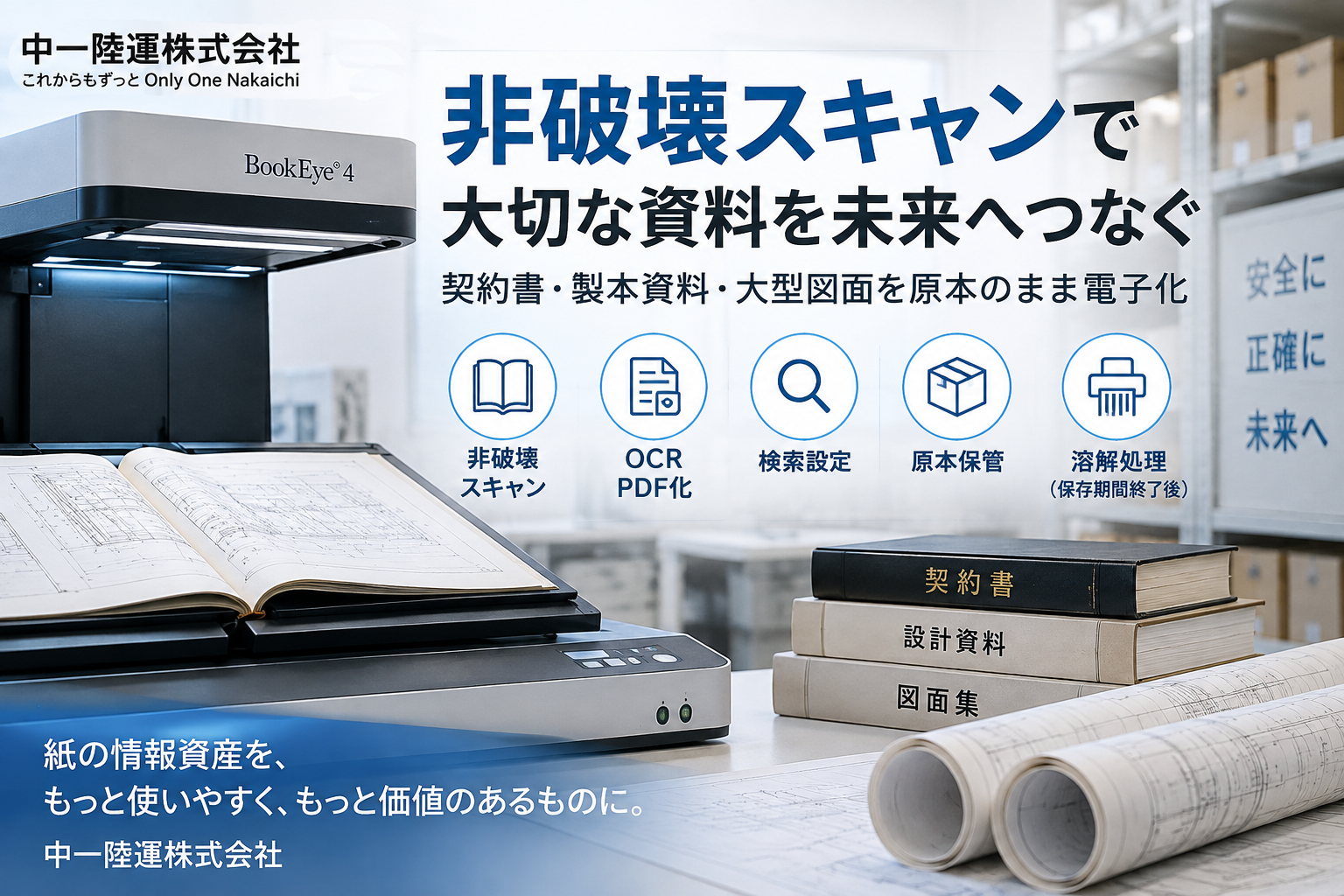 中一陸運の非破壊スキャンによる契約書・製本資料・大型図面の電子化サービス